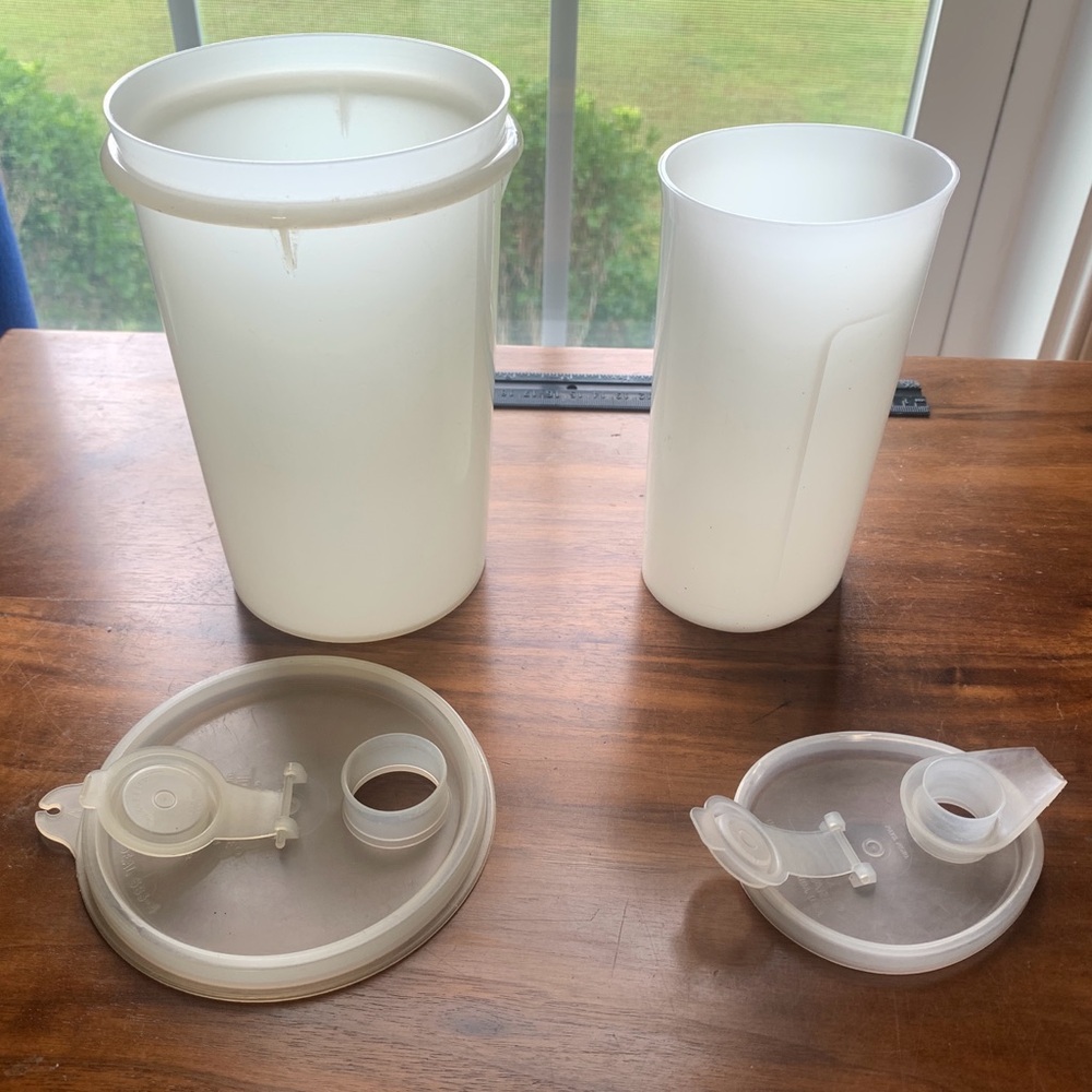 Vintage White Tupperware ,Two Store and Pour with Lids, Tupper Seal, Sweet Saver